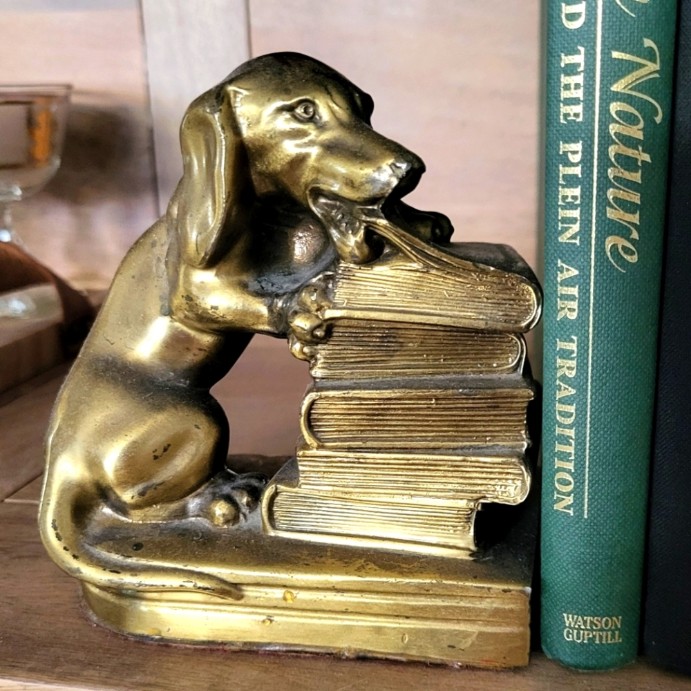 Antique Jenning Bros Gold Metal Daachshund Biting Books Bookend - Only 1 Bookend